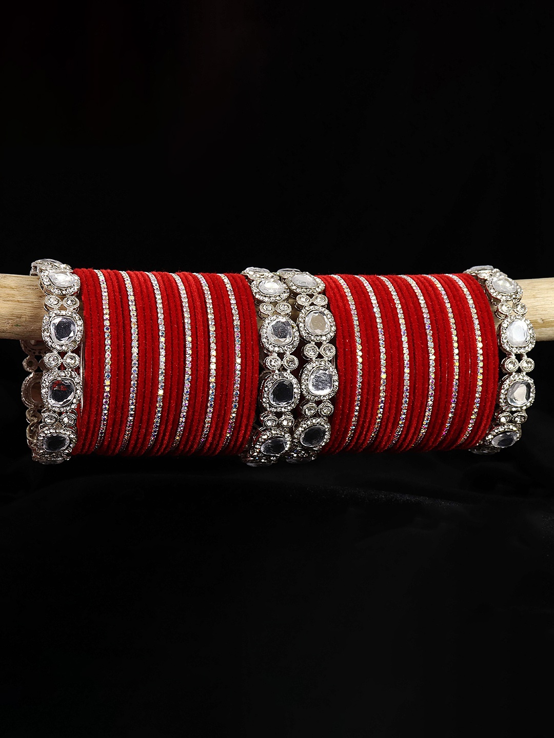 

LAVAZZA Set of 58 Zircon & Kundan-Studded Metal Velvet Bangles Chuda Set, Red