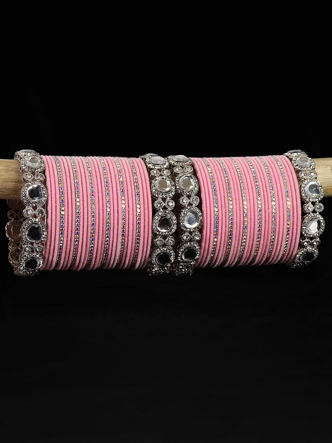 

LAVAZZA Set of 58 Zircon & Kundan Studded Velvet Bangles, Pink