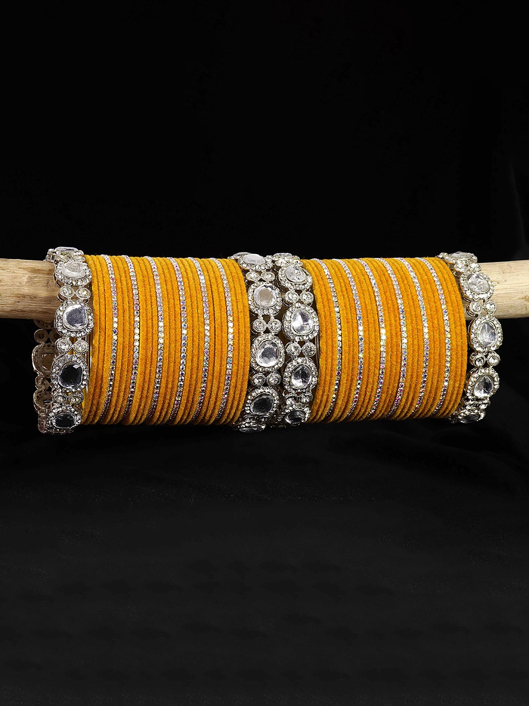 

LAVAZZA Set of 58 Zircon & Kundan-Studded Metal Velvet Bangles Chuda Set, Yellow