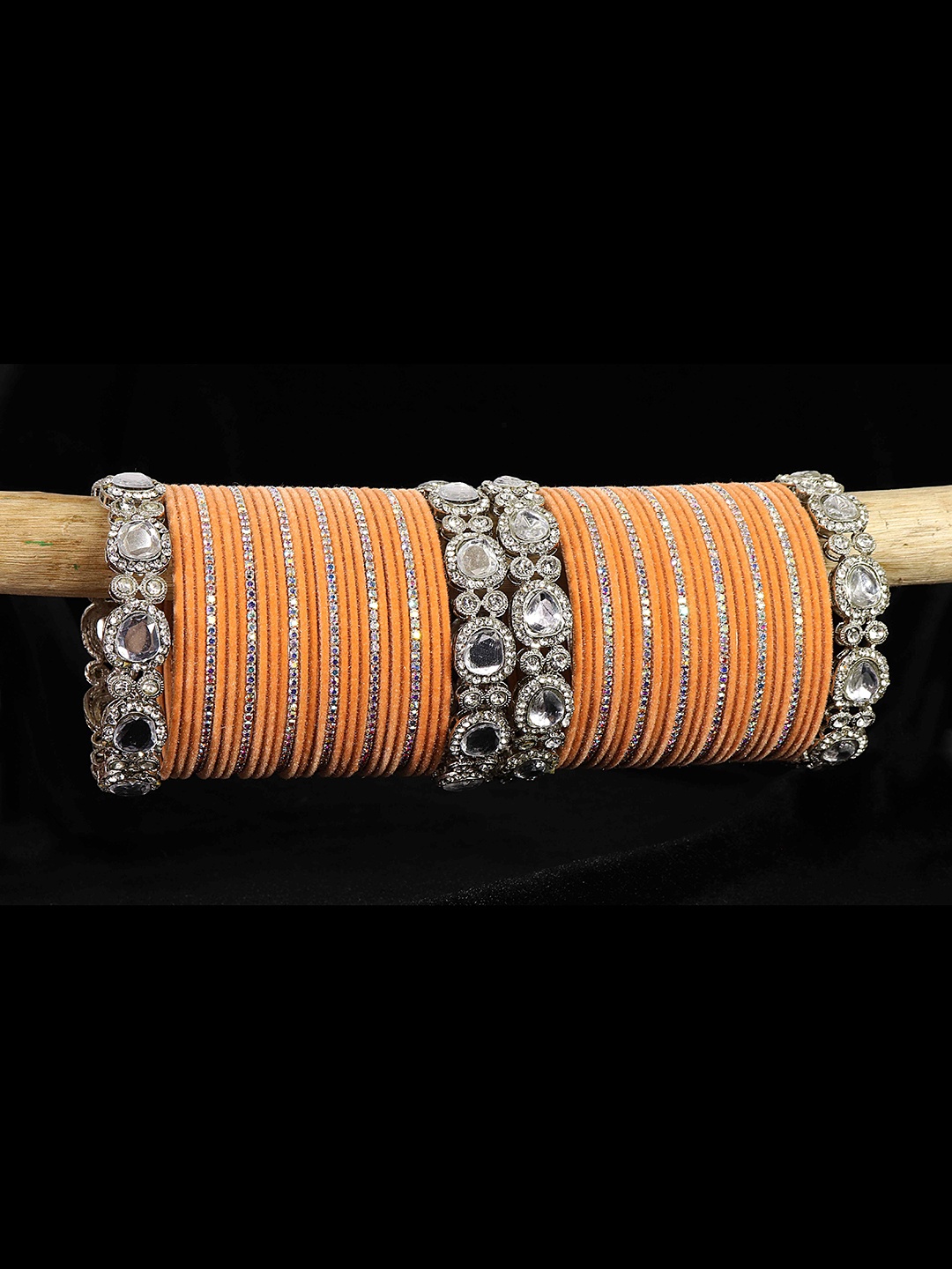 

LAVAZZA Set of 58 Zircon & Kundan-Studded Metal Velvet Bangles Chuda Set, Peach