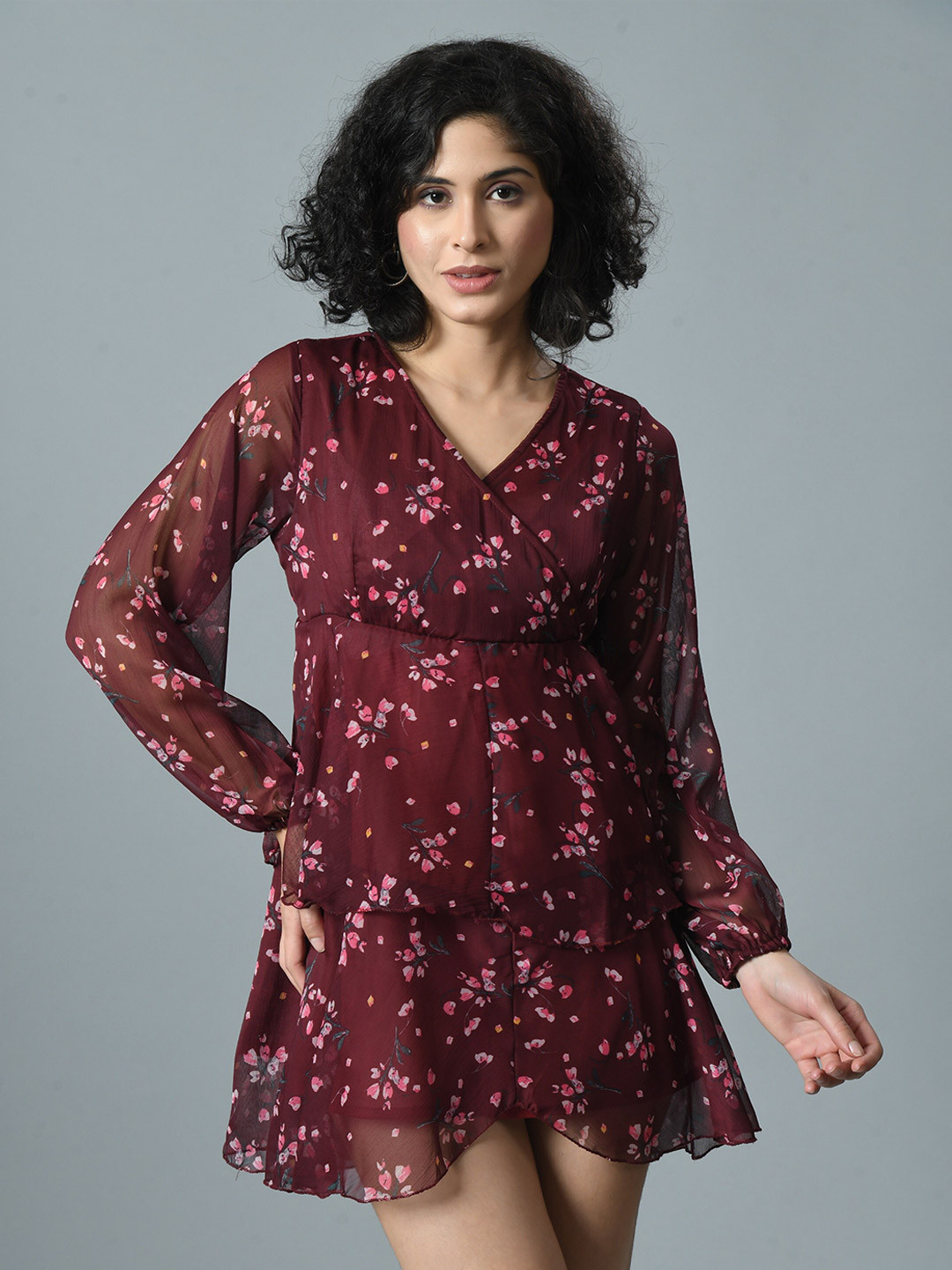 

HERE&NOW Floral Print Puff Sleeve Georgette Mini Dress, Maroon