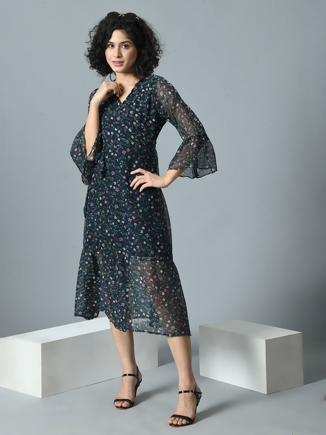 

HERE&NOW Women Floral Print Bell Sleeve Georgette A-Line Midi Dress, Navy blue