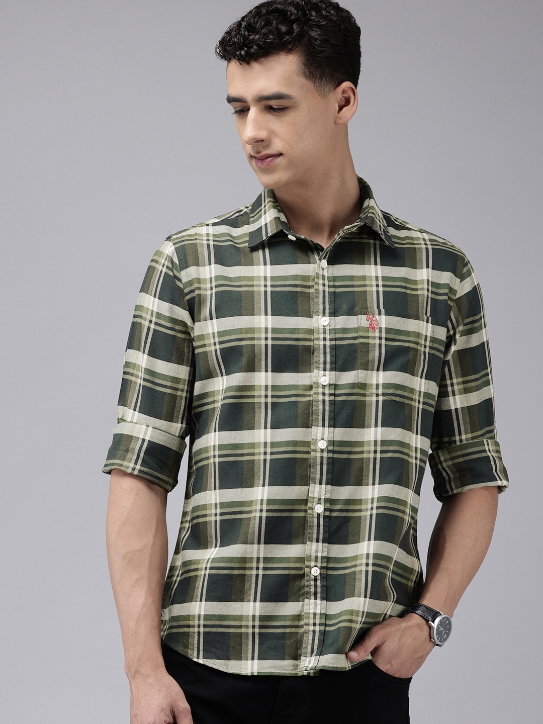 

U.S. Polo Assn. Tailored Fit Opaque Checked Pure Cotton Casual Shirt, Green