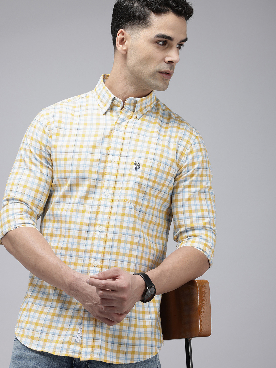 

U.S. Polo Assn. Tailored Fit Checked Pure Cotton Casual Shirt, Yellow