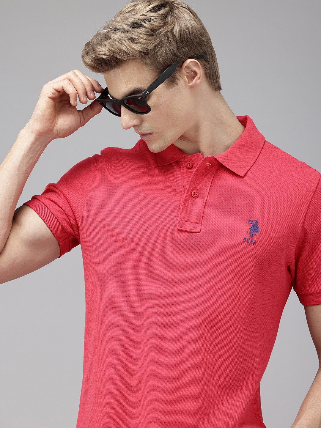 

U.S. Polo Assn. Men Polo Collar Pure Cotton Slim Fit T-shirt, Fuchsia