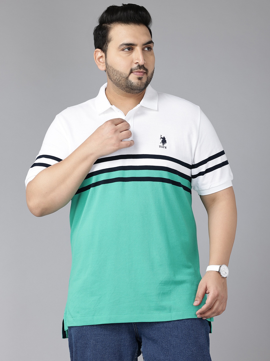 

U.S. Polo Assn. Plus Size Striped Polo Collar Pure Cotton T-shirt, White