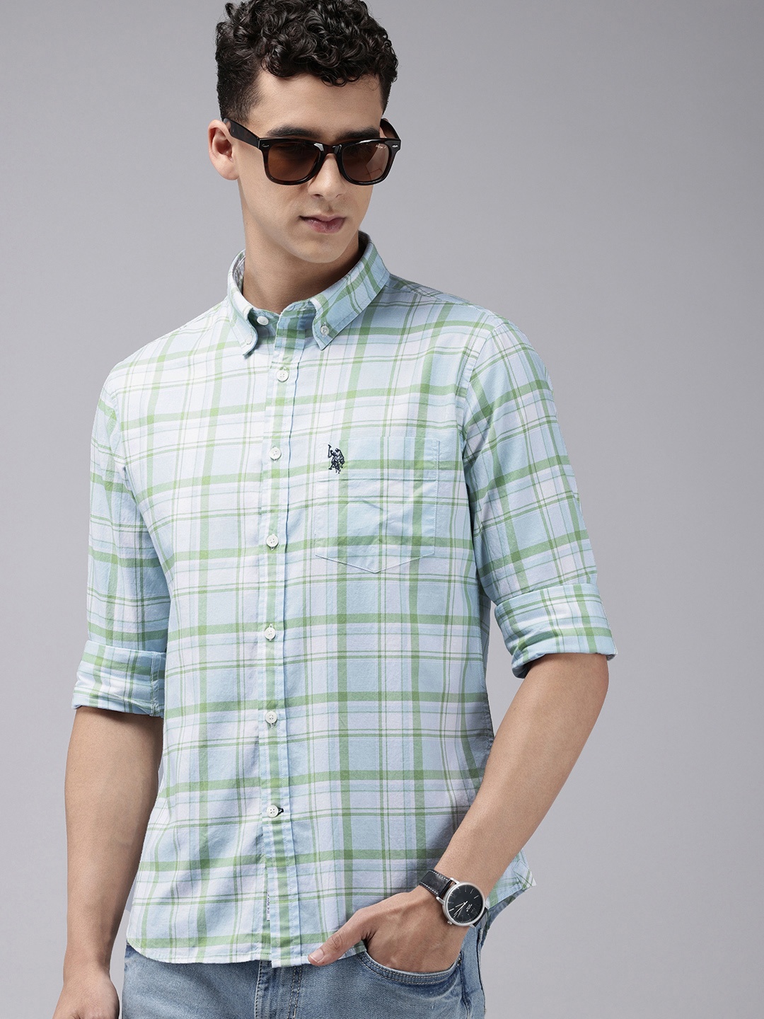 

U.S. Polo Assn. Tailored Fit Opaque Checked Pure Cotton Casual Shirt, Green