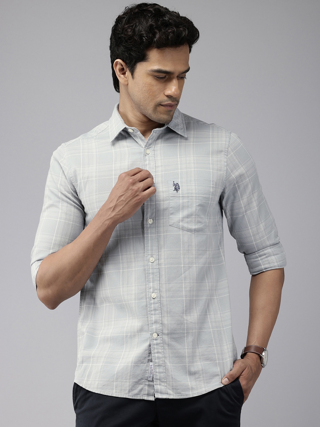 

U.S. Polo Assn. Tailored Fit Tartan Checked Pure Cotton Casual Shirt, Grey