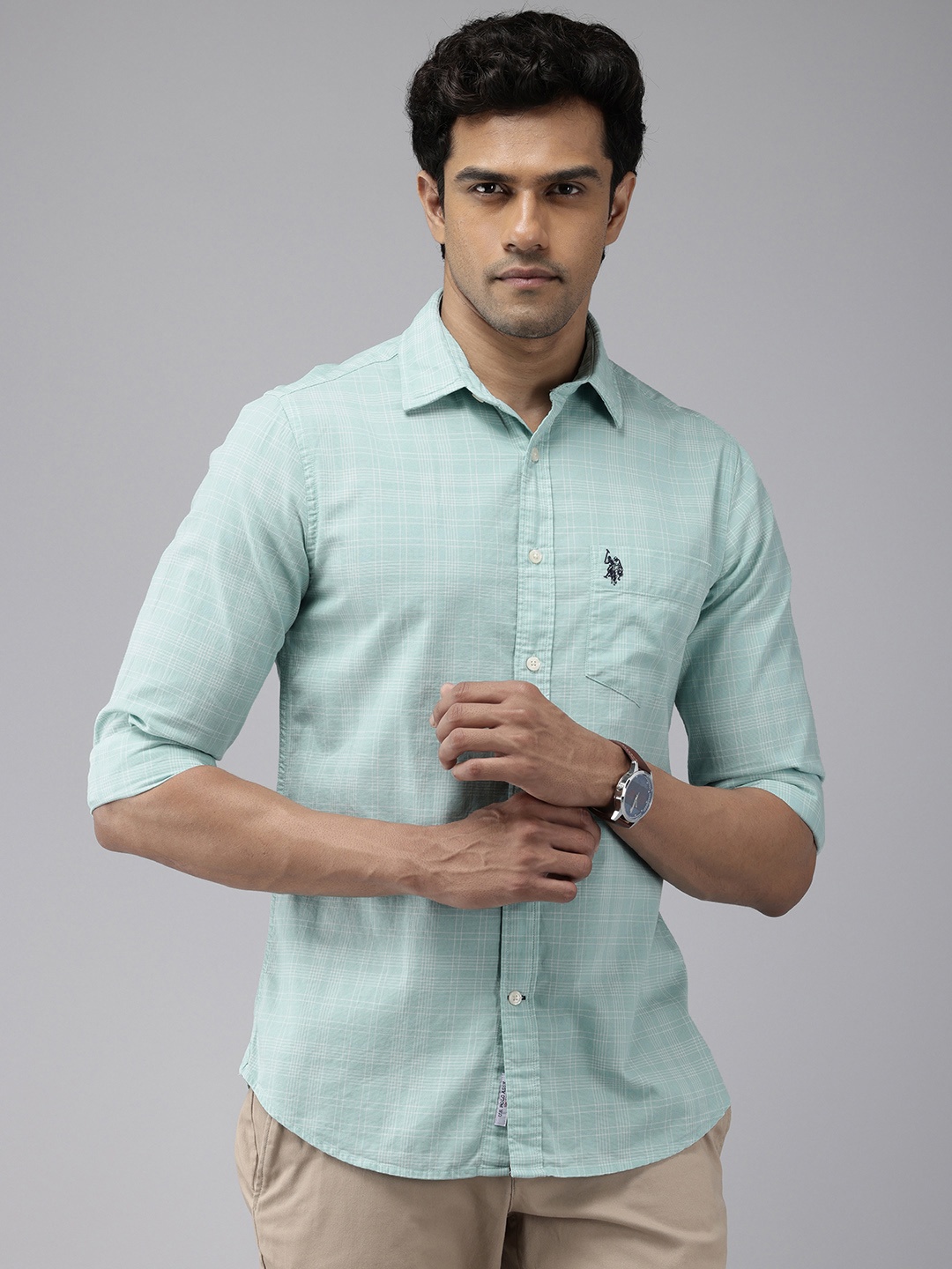 

U.S. Polo Assn. Pure Cotton Tailored Fit Opaque Checked Casual Shirt, Sea green