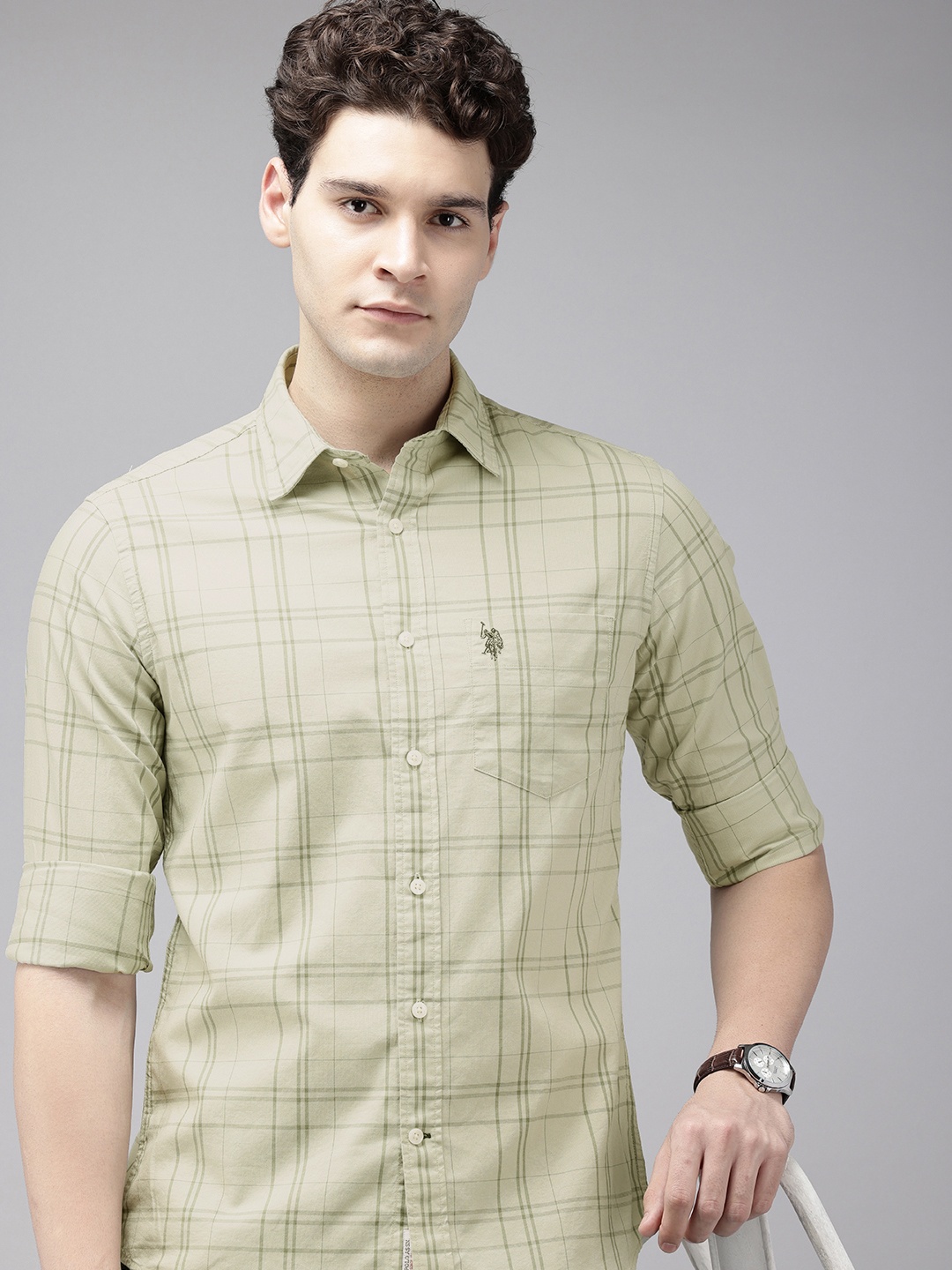 

U.S. Polo Assn. Pure Cotton Tailored Fit Opaque Checked Casual Shirt, Olive