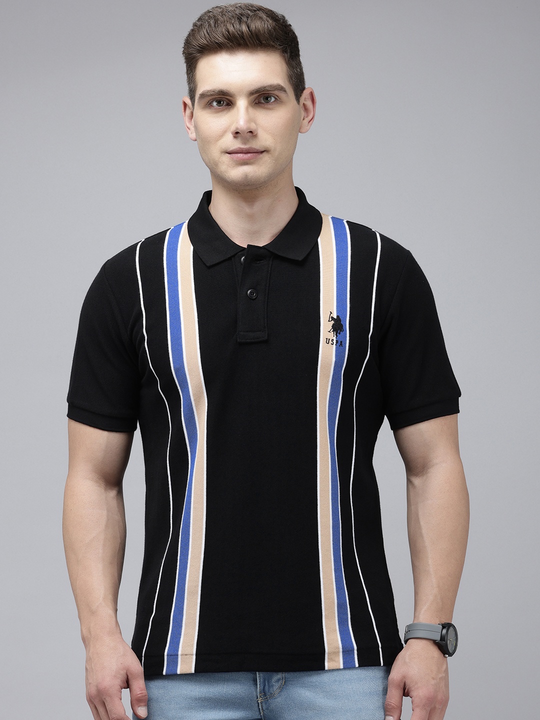 

U.S. Polo Assn. Striped Polo Collar Pure Cotton Slim Fit T-shirt, Black