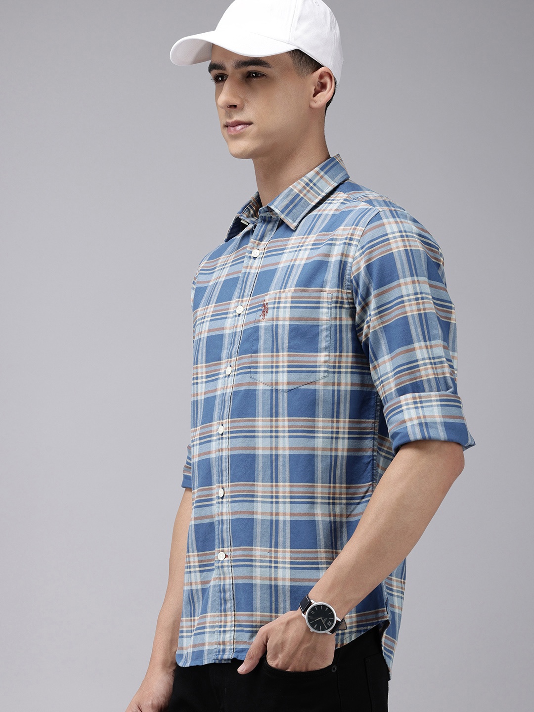 

U.S. Polo Assn. Tailored Fit Tartan Checks Opaque Pure Cotton Casual Shirt, Blue