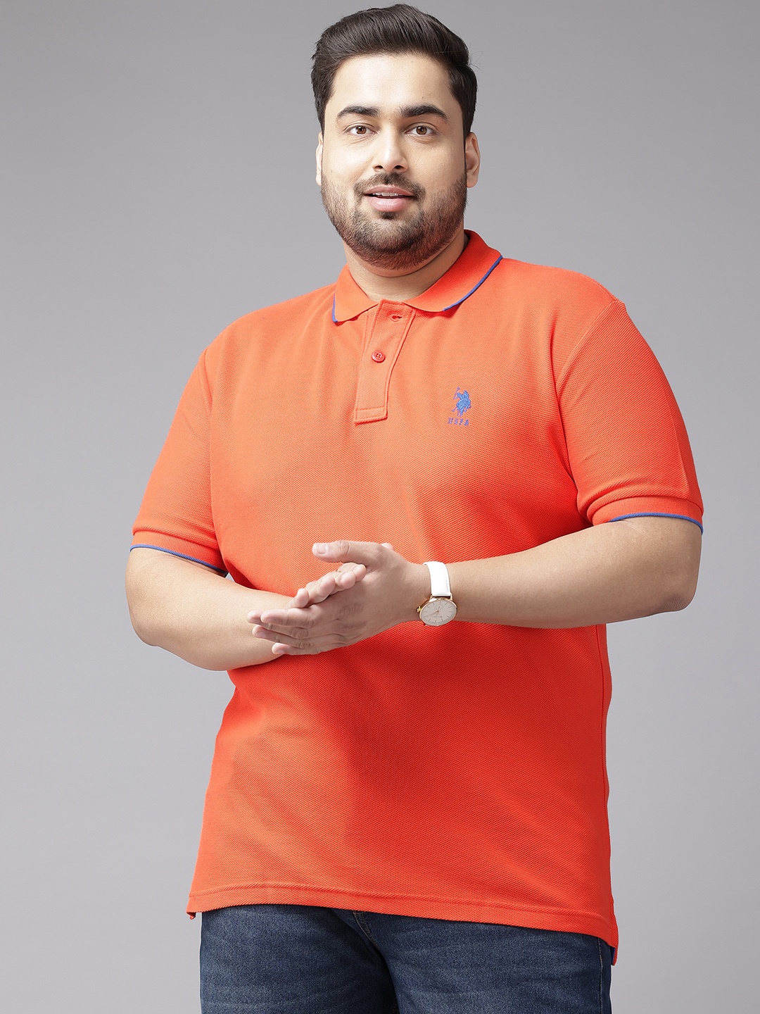 

U.S. Polo Assn. Plus Size Textured Polo Collar Pure Cotton Slim Fit T-shirt, Orange
