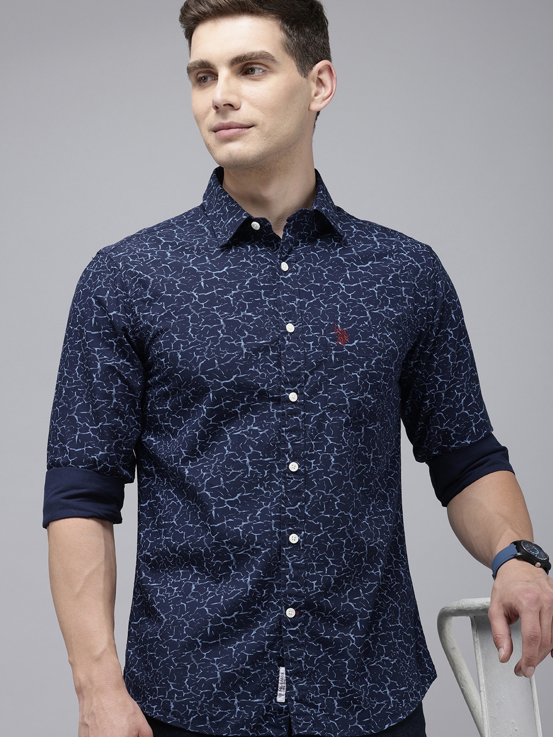 

U.S. Polo Assn. Tailored Fit Opaque Printed Pure Cotton Casual Shirt, Navy blue