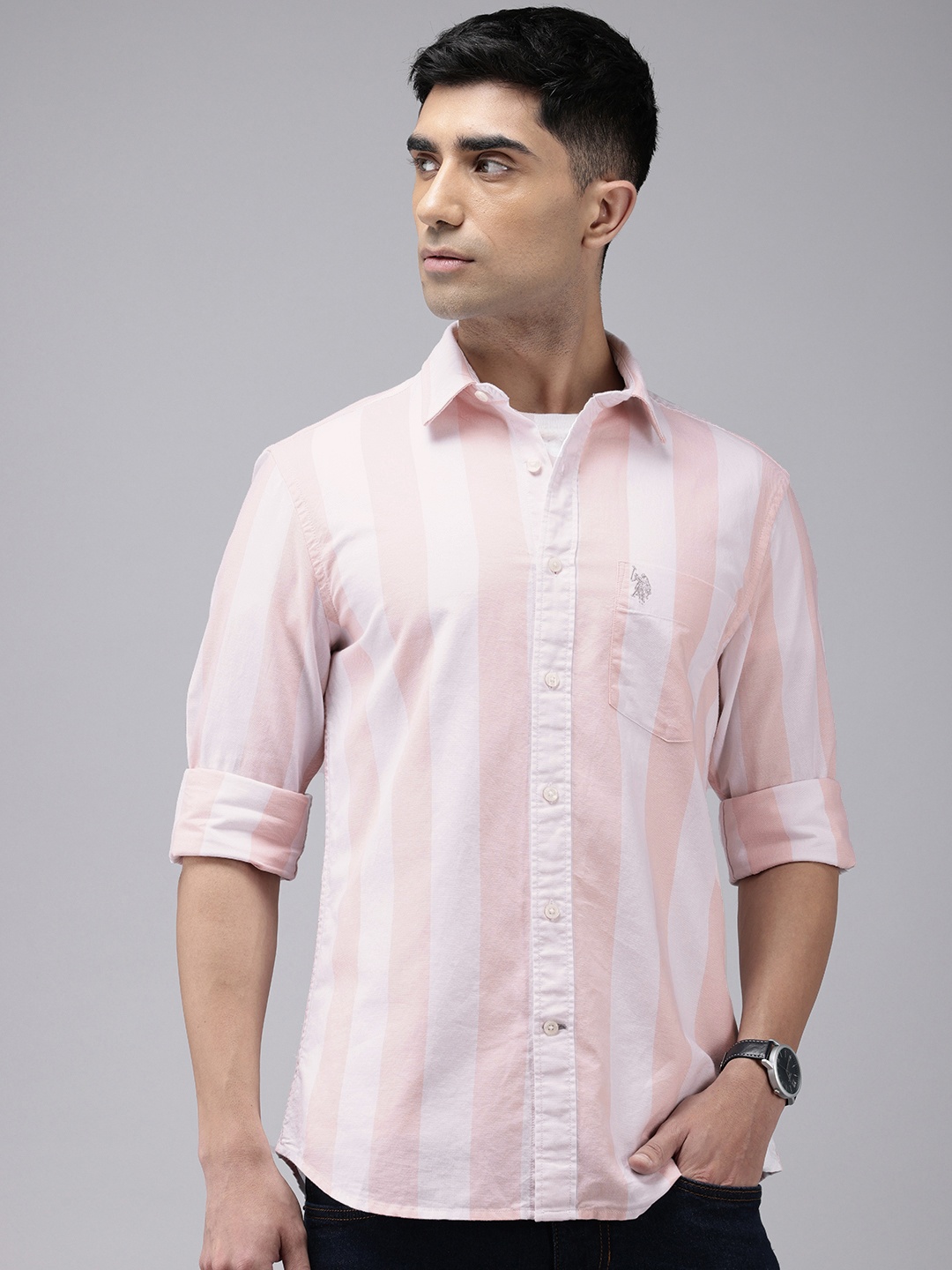 

U.S. Polo Assn. Tailored Fit Opaque Striped Pure Casual Casual Shirt, Pink