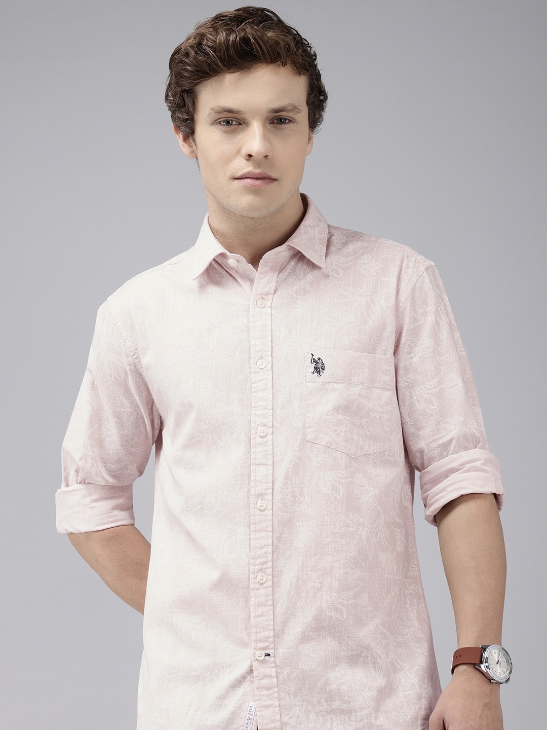 

U.S. Polo Assn. Pure Cotton Tailored Fit Tropical Printed Casual Shirt, Pink