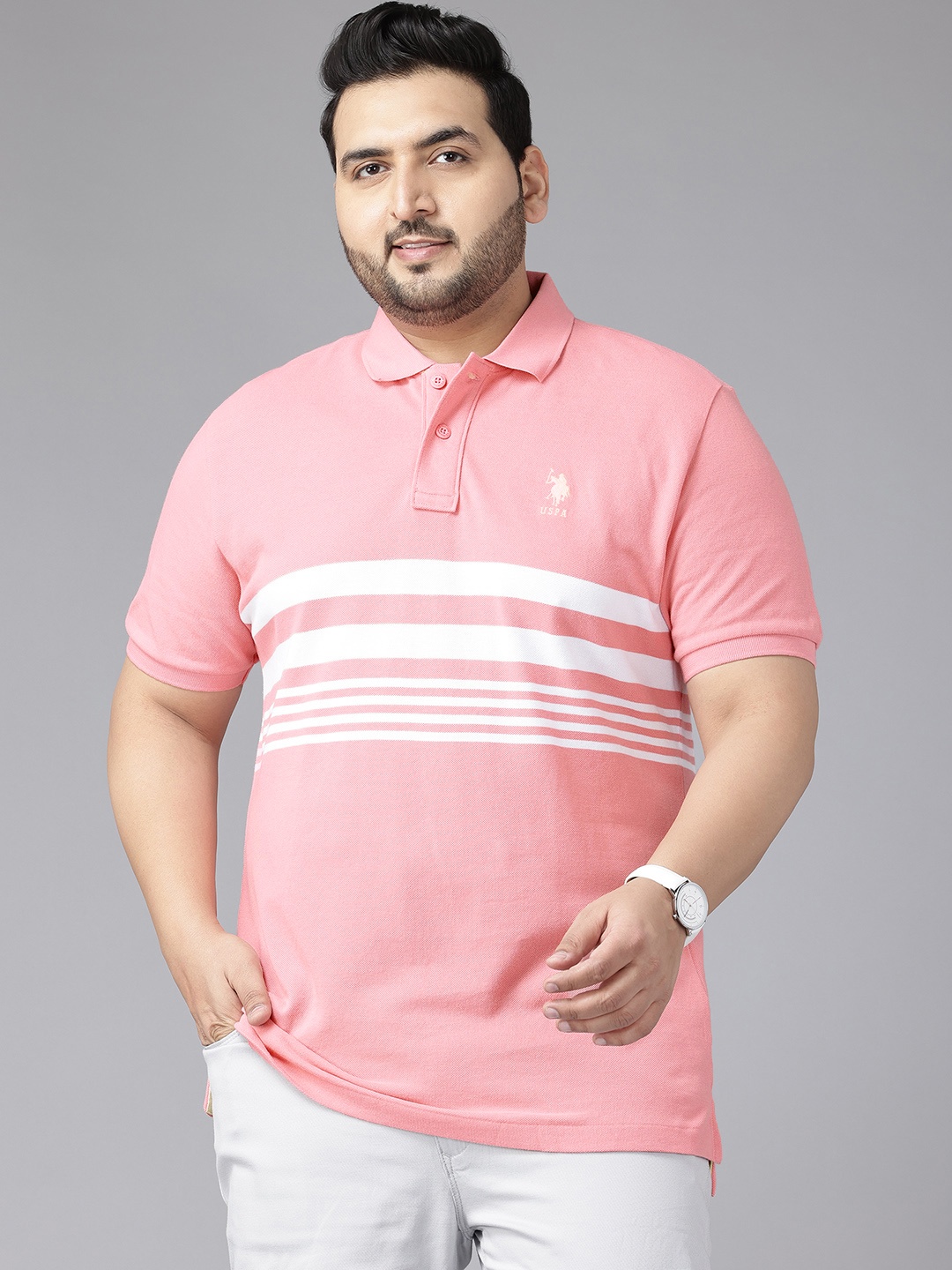 

U.S. Polo Assn. Plus Size Striped Polo Collar Pure Cotton T-shirt, Pink