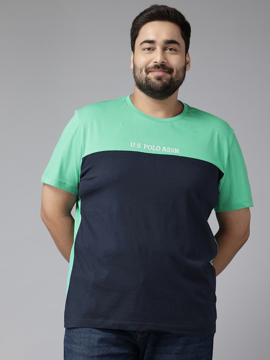 

U.S. Polo Assn. Plus Size Colourblocked Pure Cotton T-shirt, Green