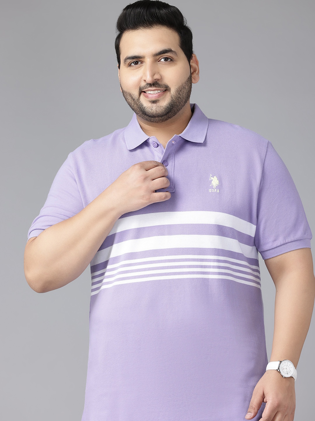 

U.S. Polo Assn. Plus Size Striped Polo Collar Pure Cotton T-shirt, Purple