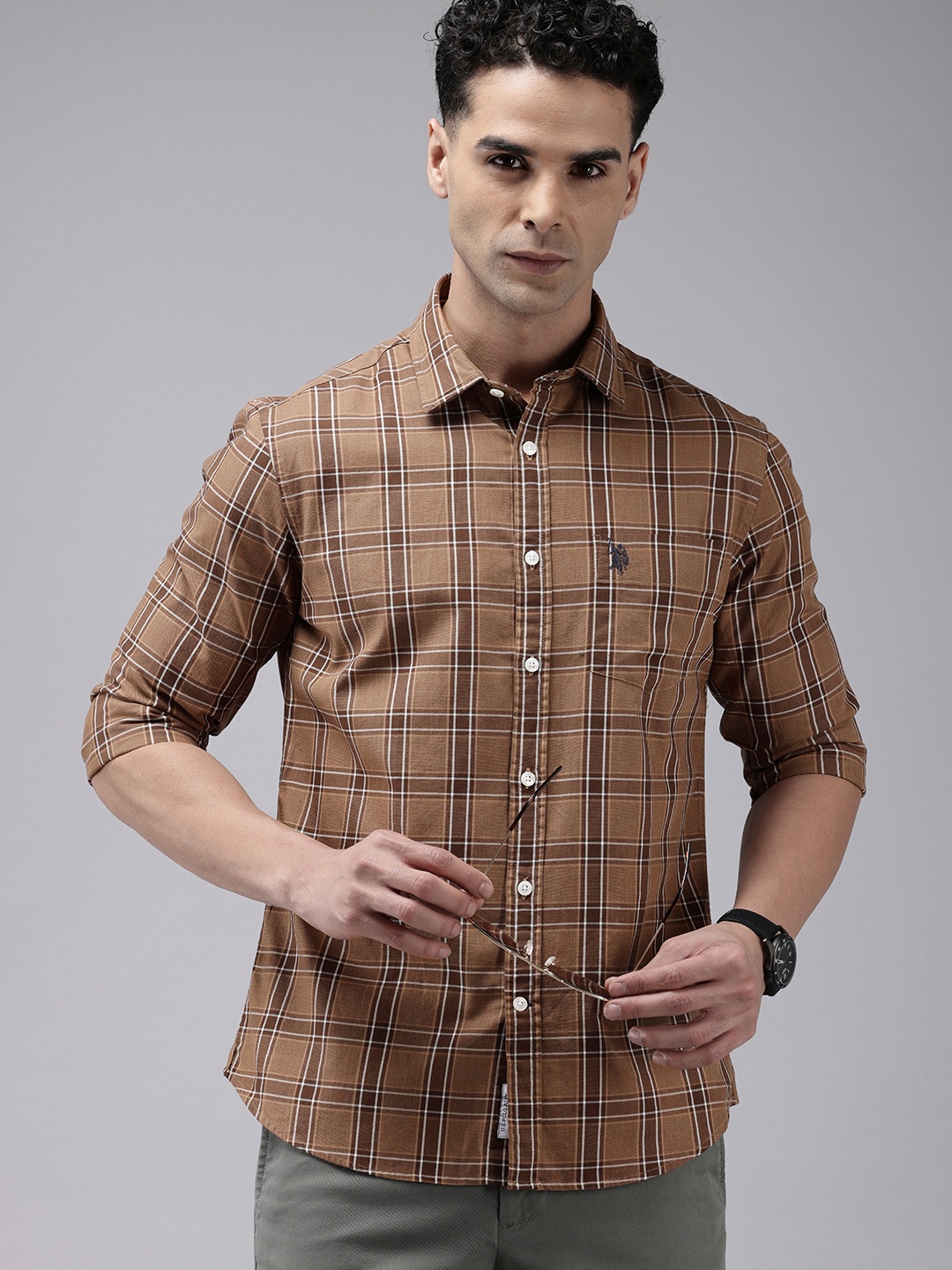 

U.S. Polo Assn. Pure Cotton Tailored Fit Tartan Checked Casual Shirt, Brown