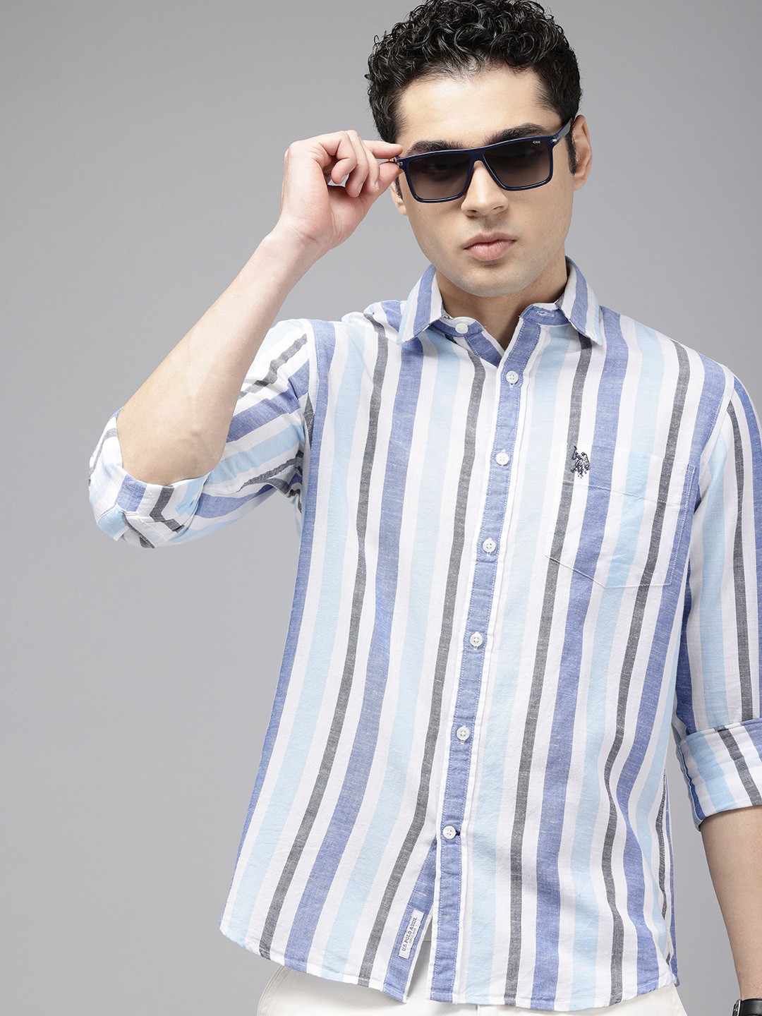 

U.S. Polo Assn. Pure Cotton Tailored Fit Opaque Striped Casual Shirt, Blue