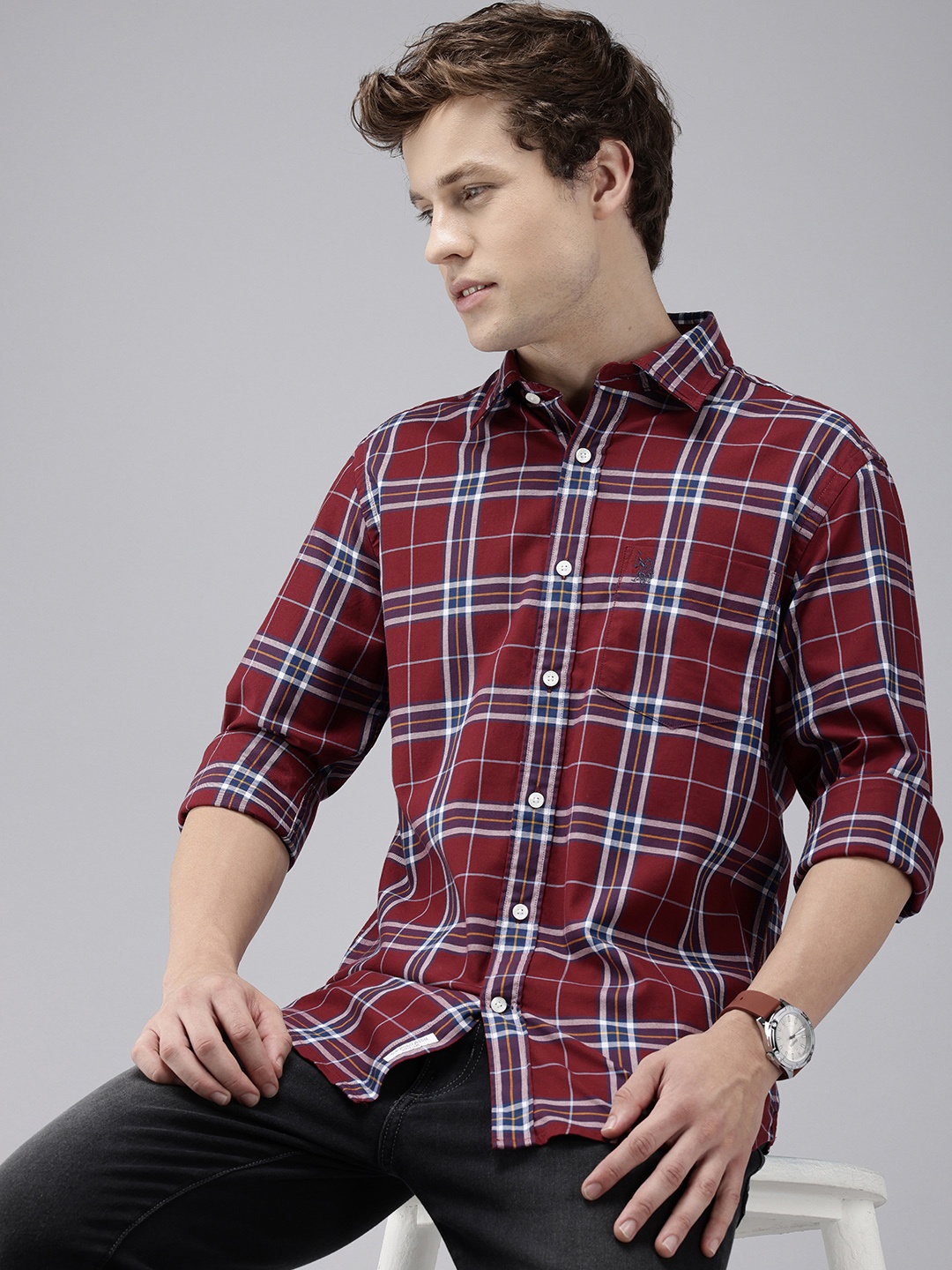 

U.S. Polo Assn. Tailored Fit Checked Pure Cotton Casual Shirt, Maroon