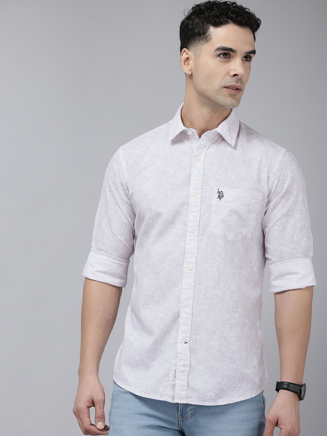 

U.S. Polo Assn. Tailored Fit Floral Printed Pure Cotton Casual Shirt, White