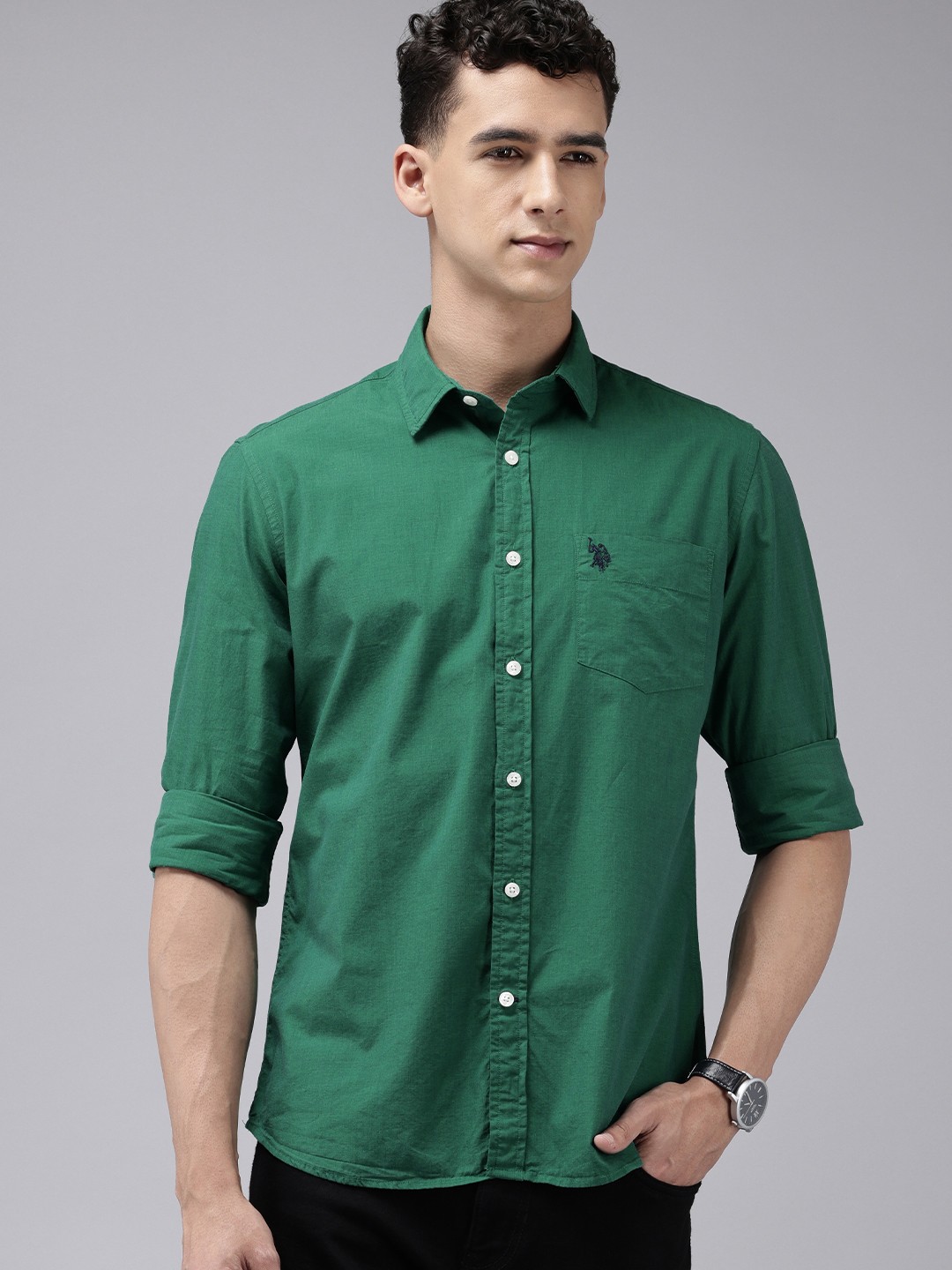 

U.S. Polo Assn. Tailored Fit Cutaway Collar Pure Cotton Casual Shirt, Green