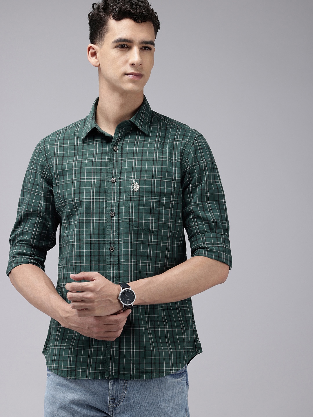 

U.S. Polo Assn. Tailored Fit Opaque Checked Pure Cotton Casual Shirt, Green