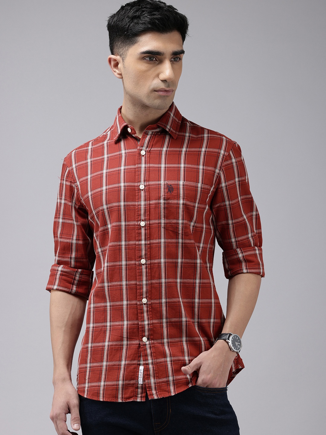 

U.S. Polo Assn. Tailored Fit Checked Pure Cotton Casual Shirt, Rust