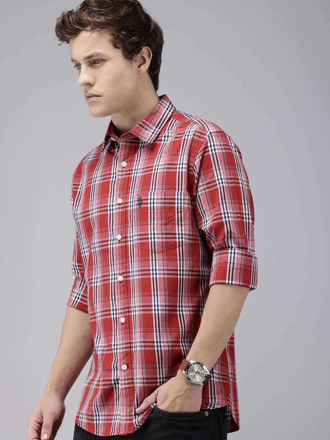 

U.S. Polo Assn. Tailored Fit Checked Pure Cotton Casual Shirt, Rust