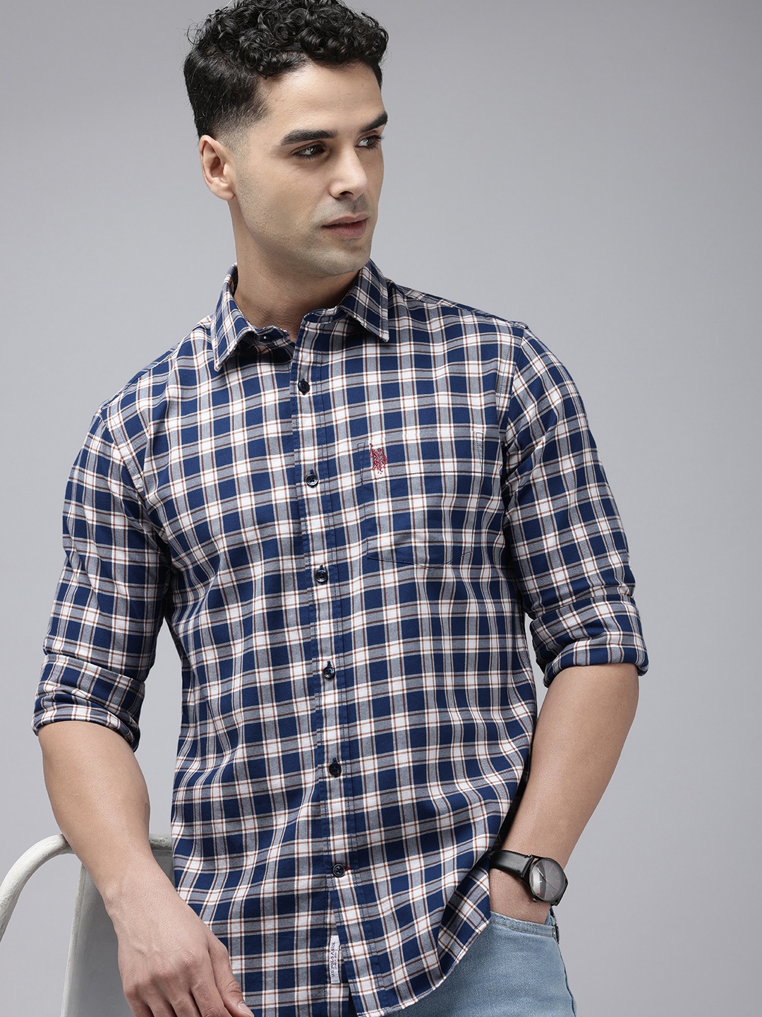 

U.S. Polo Assn. Tailored Fit Checked Pure Cotton Casual Shirt, Navy blue