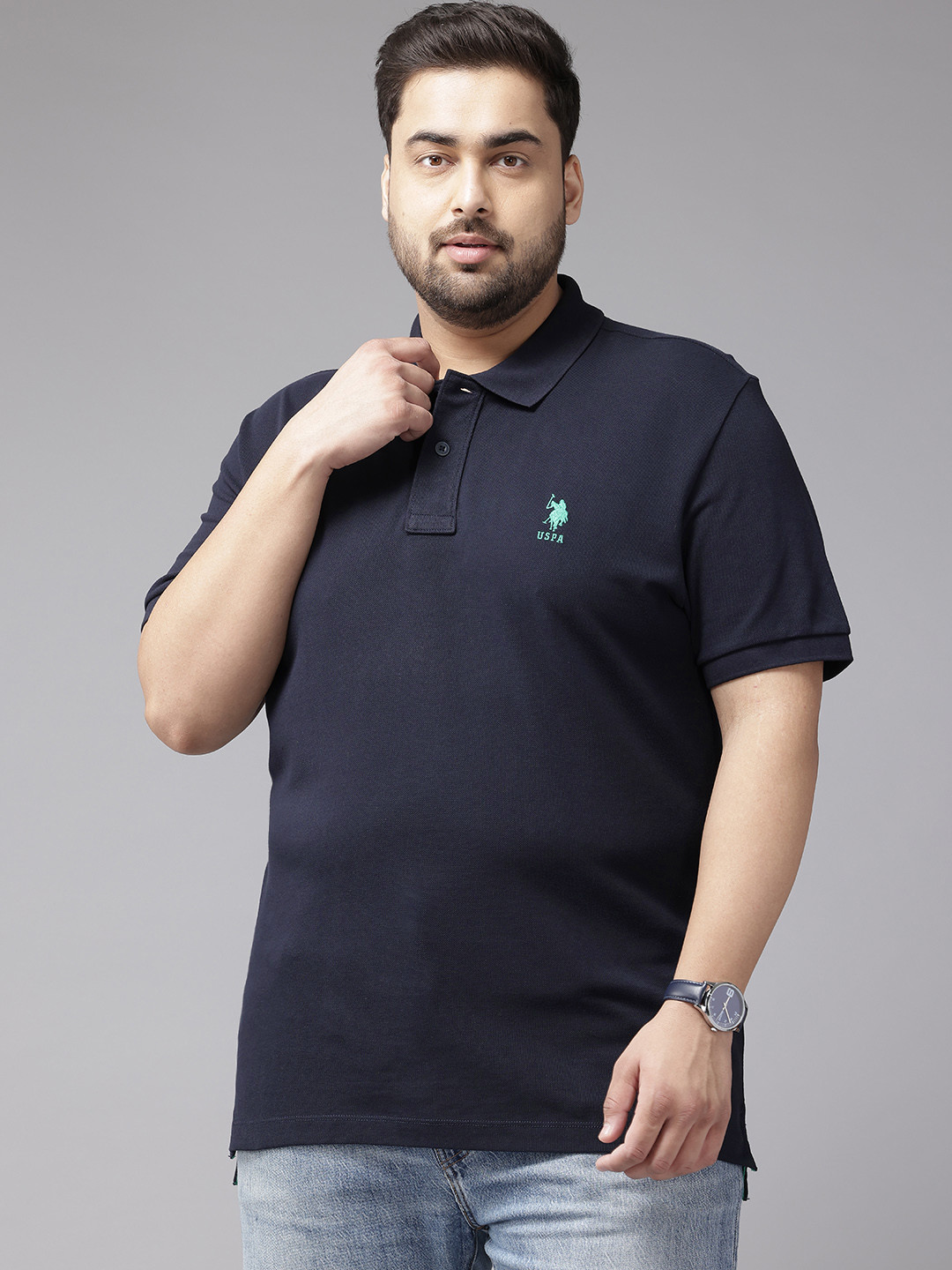 

U.S. Polo Assn. Plus Size Textured Polo Collar Pure Cotton Slim Fit T-shirt, Navy blue
