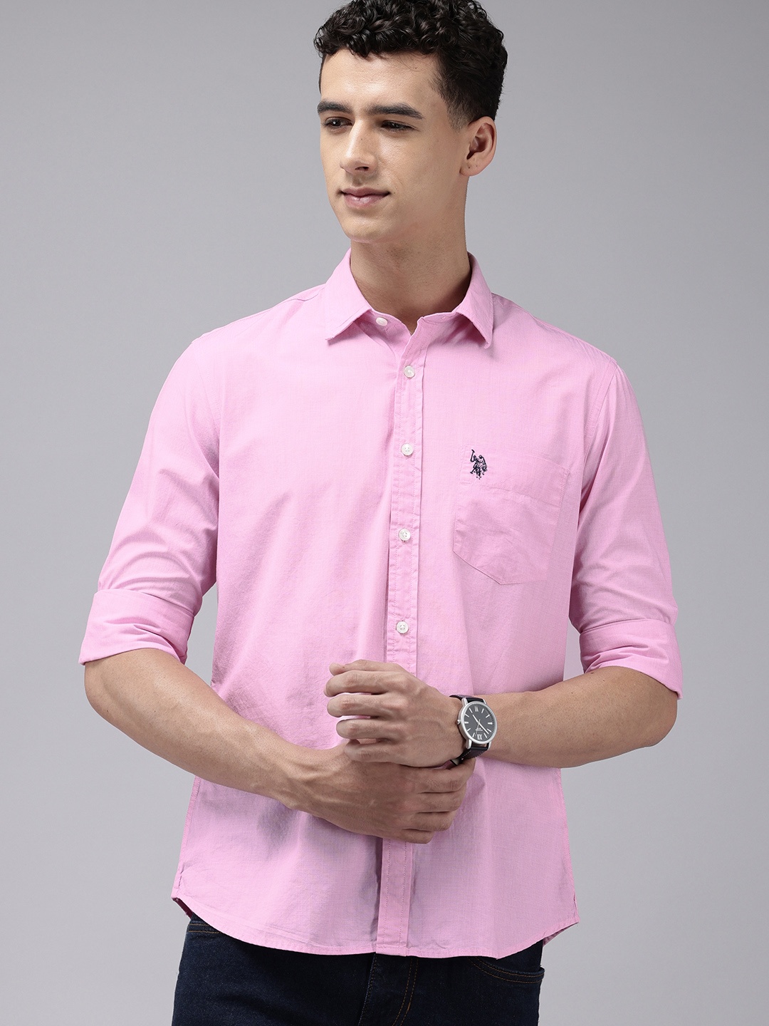 

U.S. Polo Assn. Tailored Fit Opaque Pure Cotton Casual Shirt, Pink