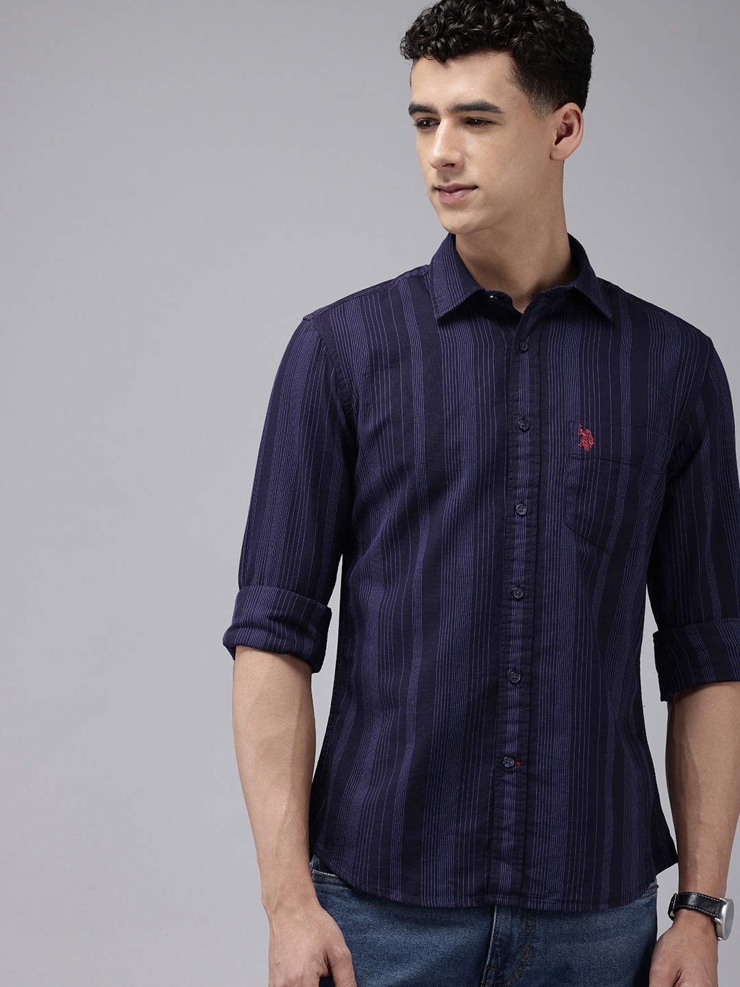 

U.S. Polo Assn. Tailored Fit Opaque Striped Pure Cotton Casual Shirt, Navy blue