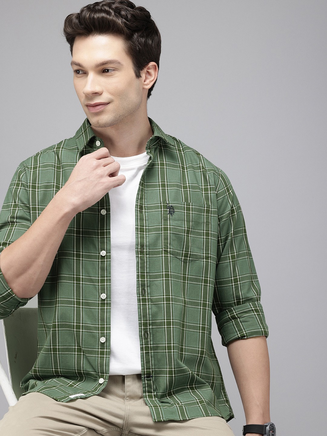 

U.S. Polo Assn. Tailored Fit Tartan Checked Pure Cotton Casual Shirt, Green