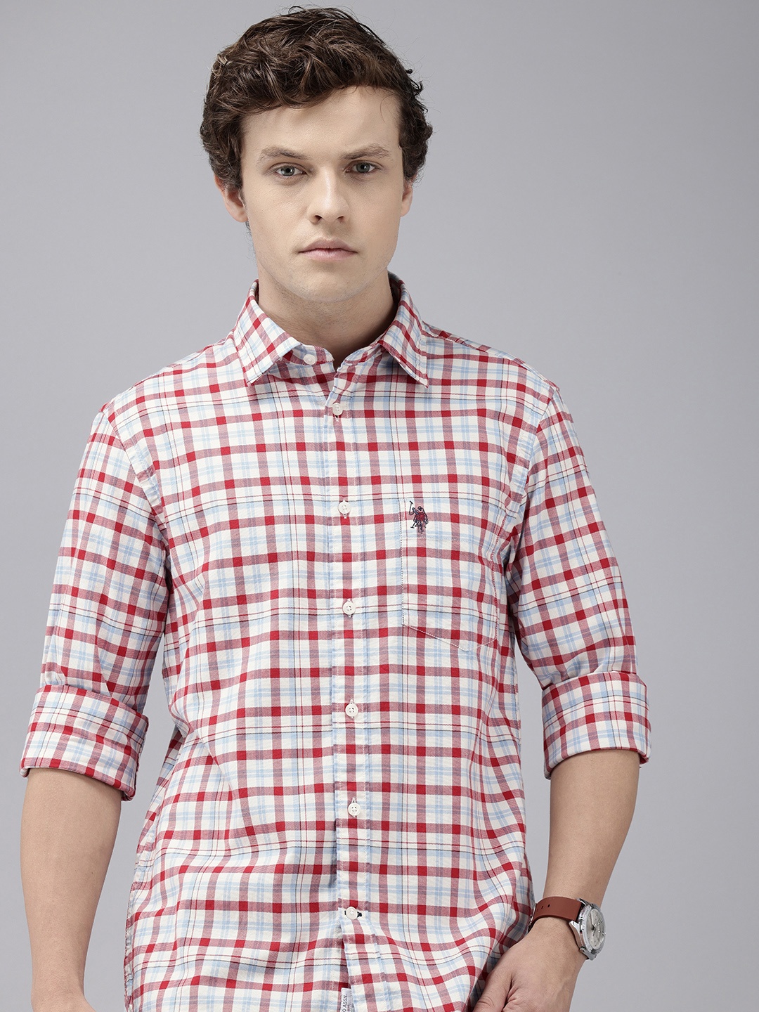 

U.S. Polo Assn. Tailored Fit Checked Pure Cotton Casual Shirt, Red