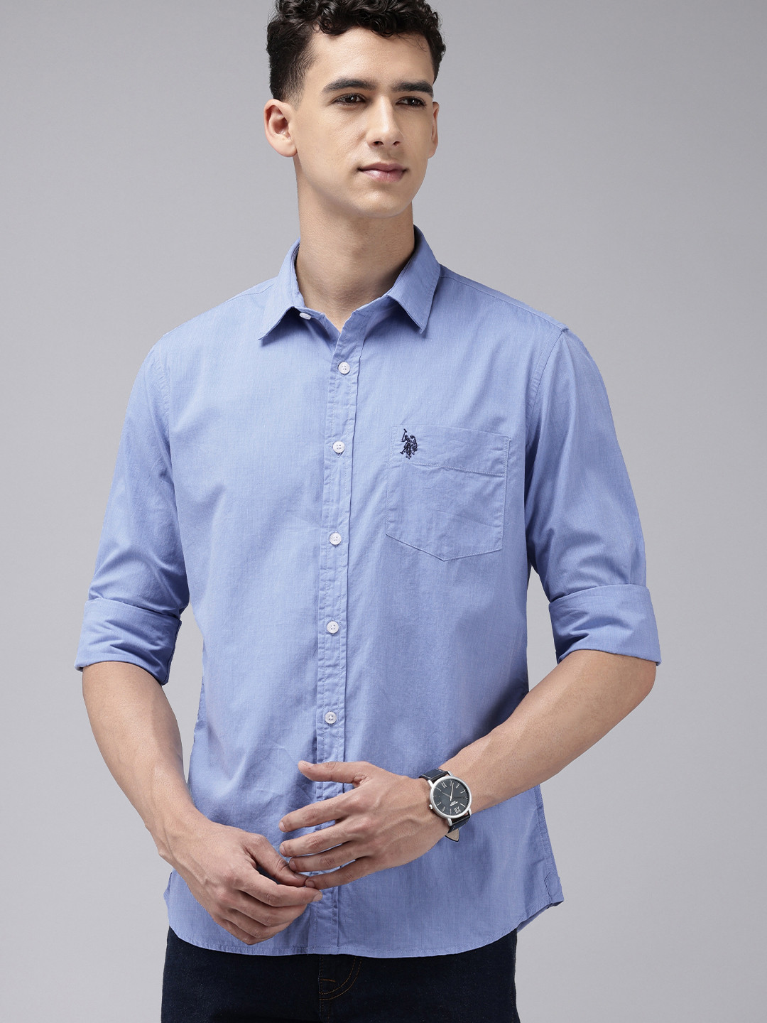 

U.S. Polo Assn. Tailored Fit Cutaway Collar Pure Cotton Casual Shirt, Blue