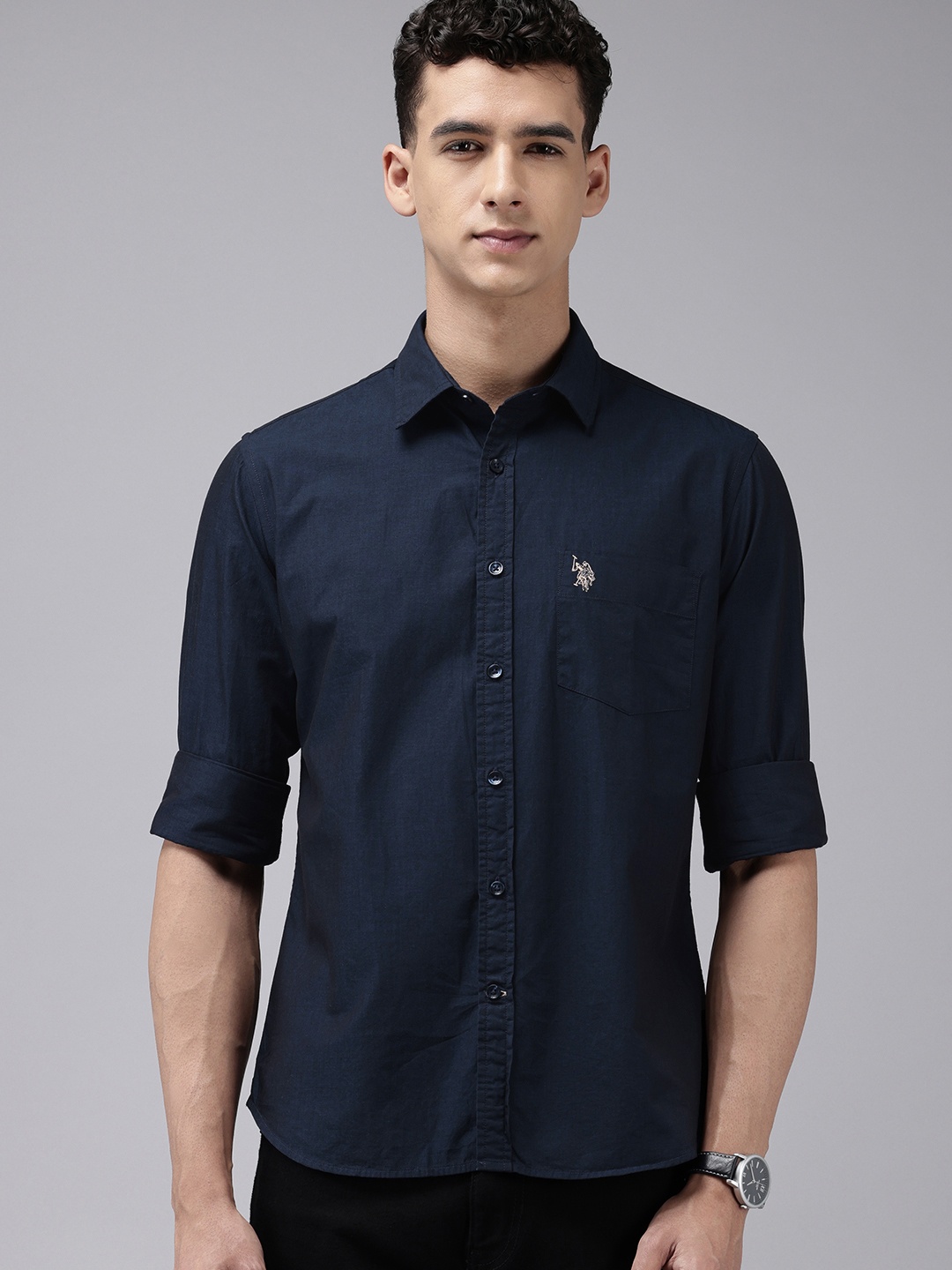 

U.S. Polo Assn. Tailored Fit Cutaway Collar Pure Cotton Casual Shirt, Navy blue