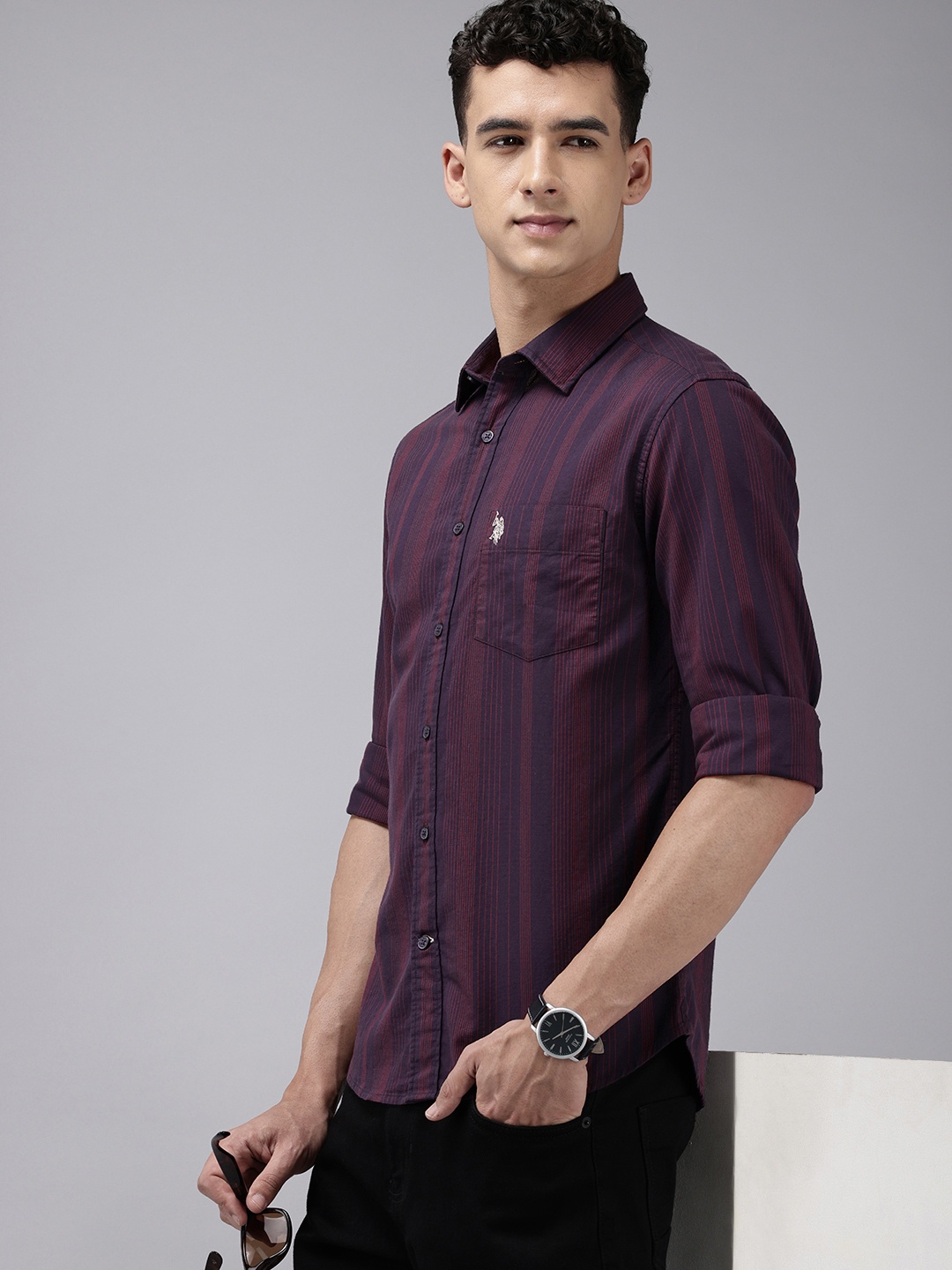 

U.S. Polo Assn. Pure Cotton Tailored Fit Opaque Striped Casual Shirt, Purple