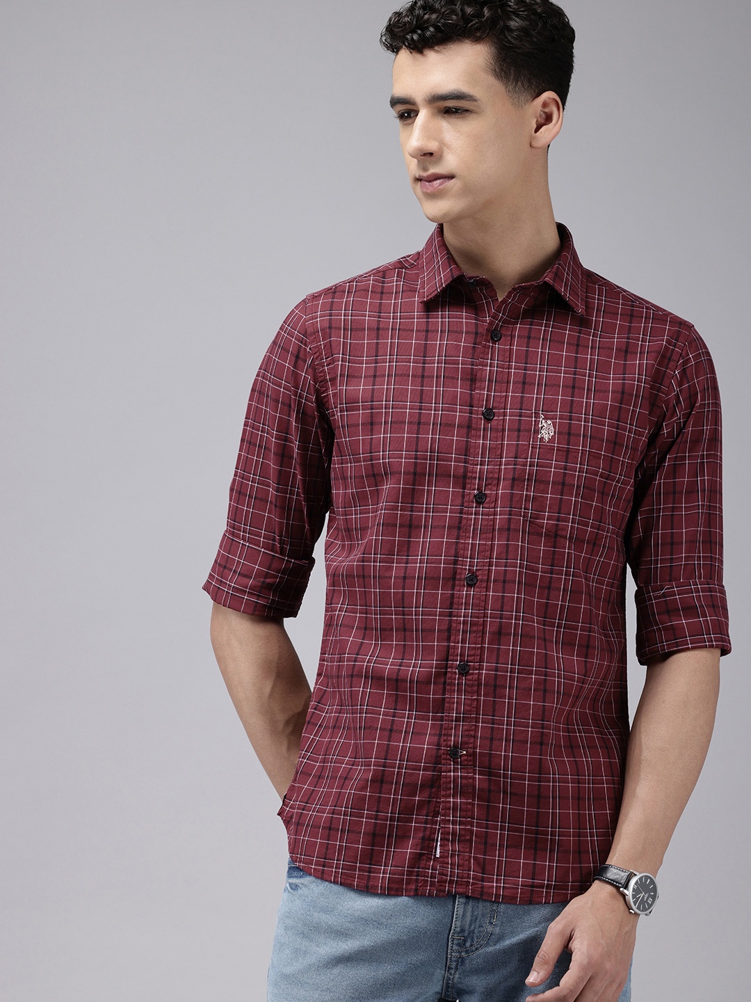 

U.S. Polo Assn. Tailored Fit Opaque Checked Pure Cotton Casual Shirt, Maroon