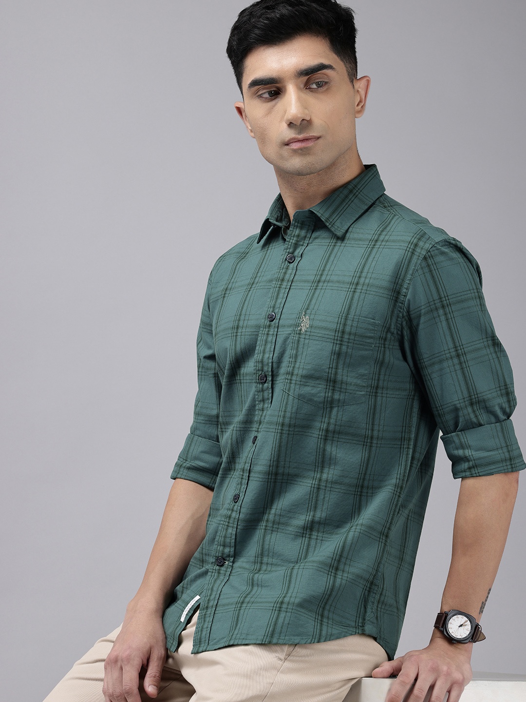 

U.S. Polo Assn. Tailored Fit Checked Cutaway Collar Pure Cotton Casual Shirt, Grey