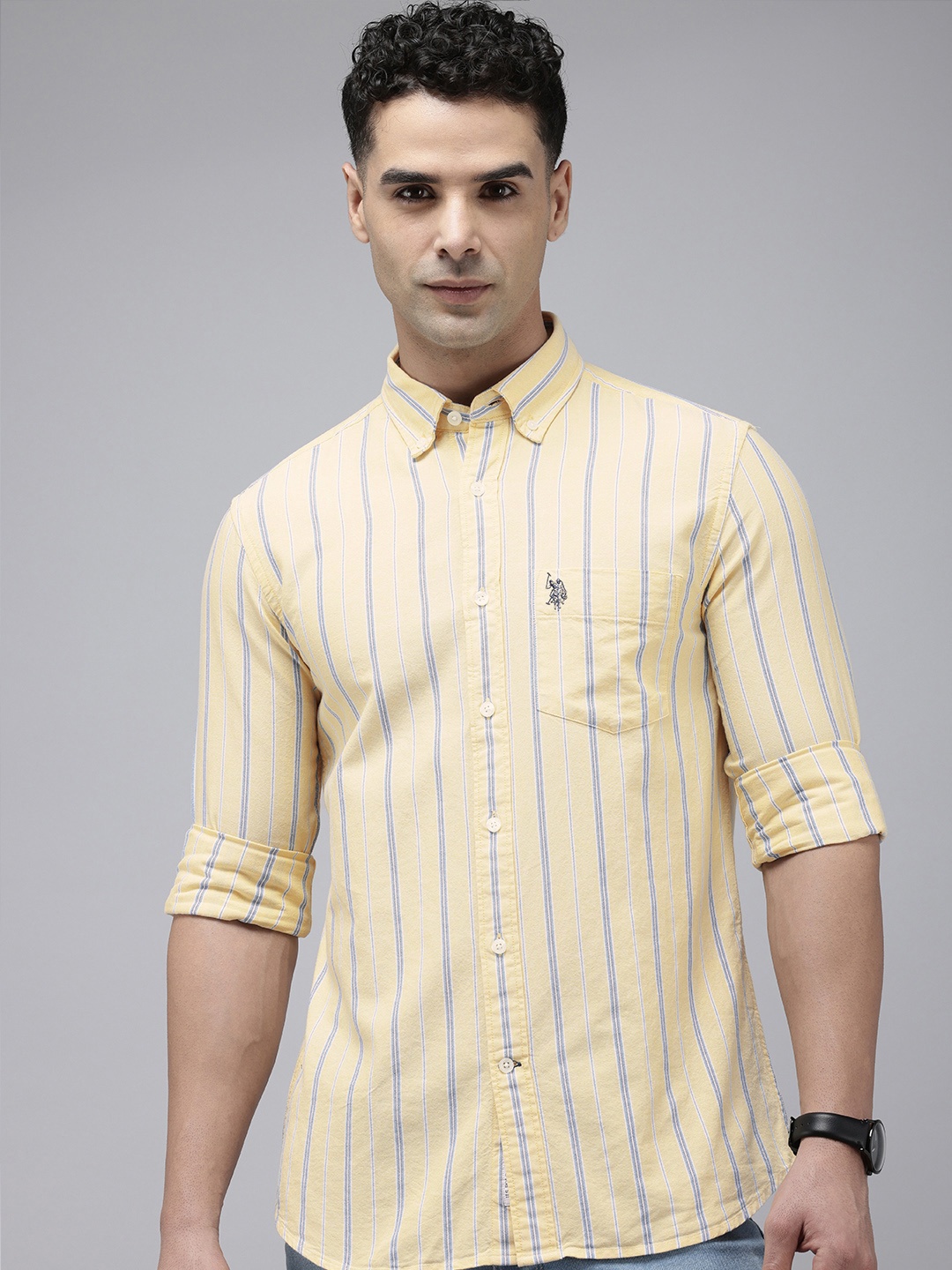 

U.S. Polo Assn. Tailored Fit Opaque Striped Pure Cotton Casual Shirt, Yellow