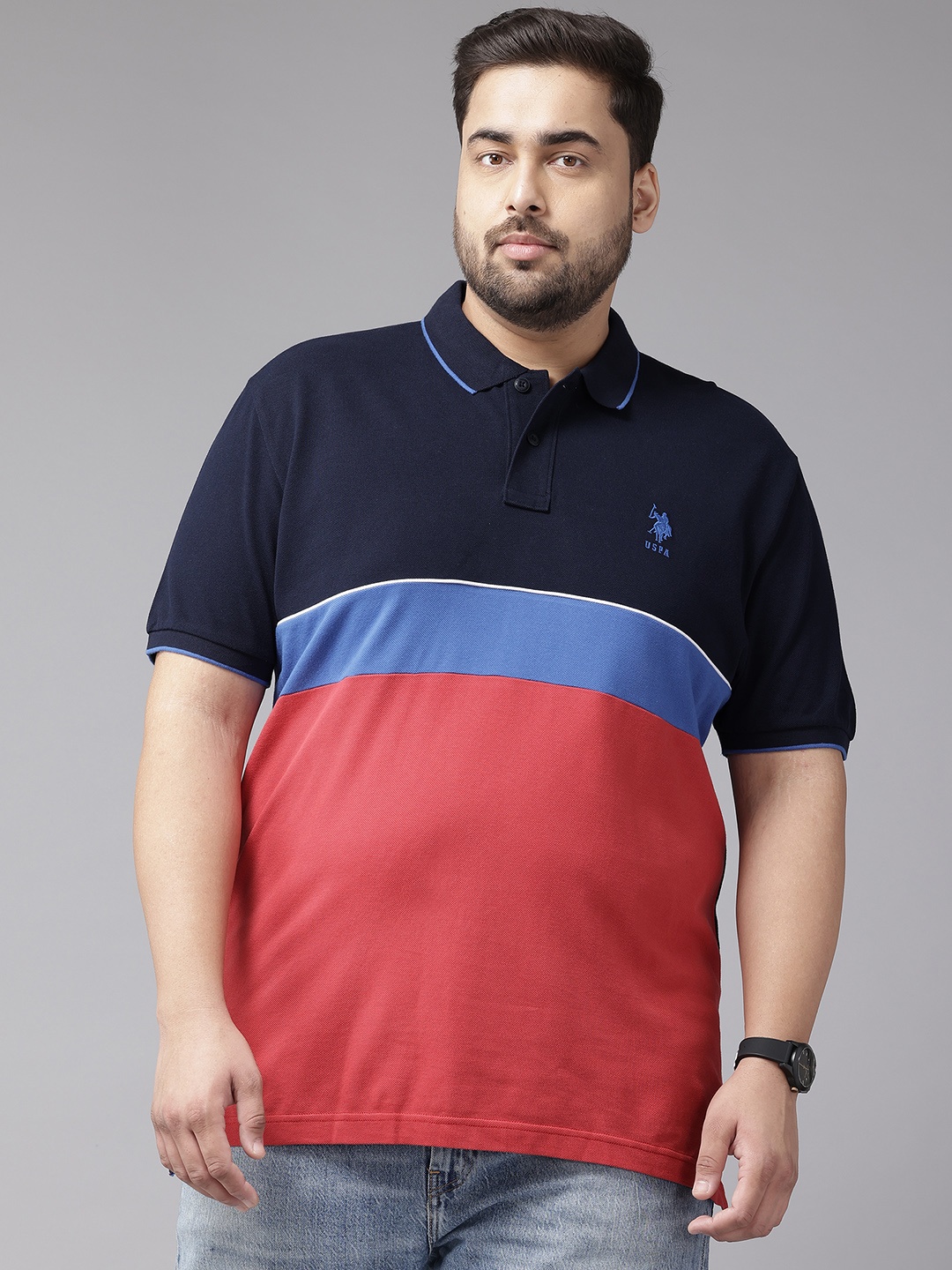 

U.S. Polo Assn. Plus-Size Colourblocked Polo Collar Pure Cotton Slim Fit T-shirt, Navy blue