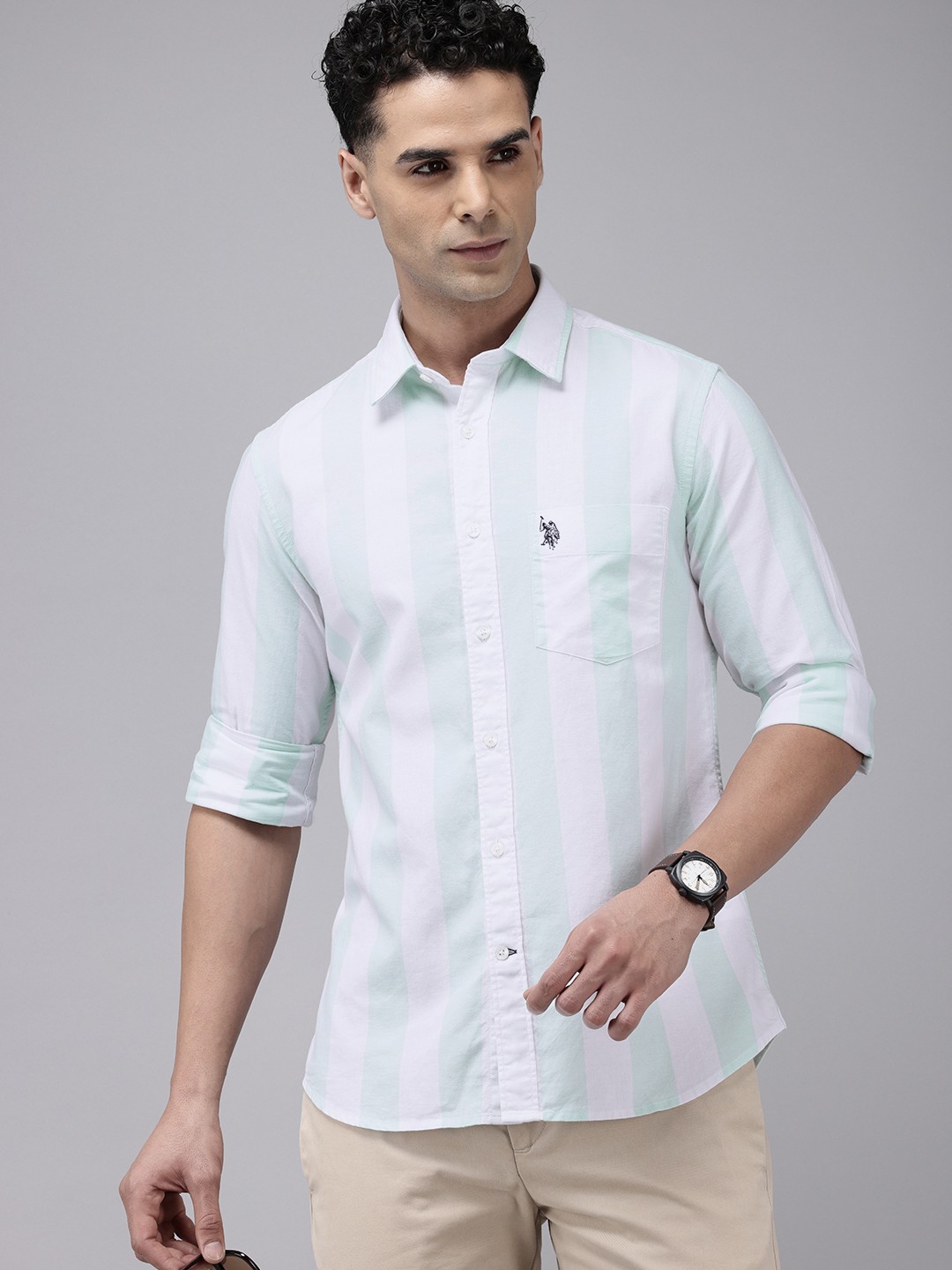 

U.S. Polo Assn. Tailored Fit Opaque Striped Pure Cotton Casual Shirt, Green