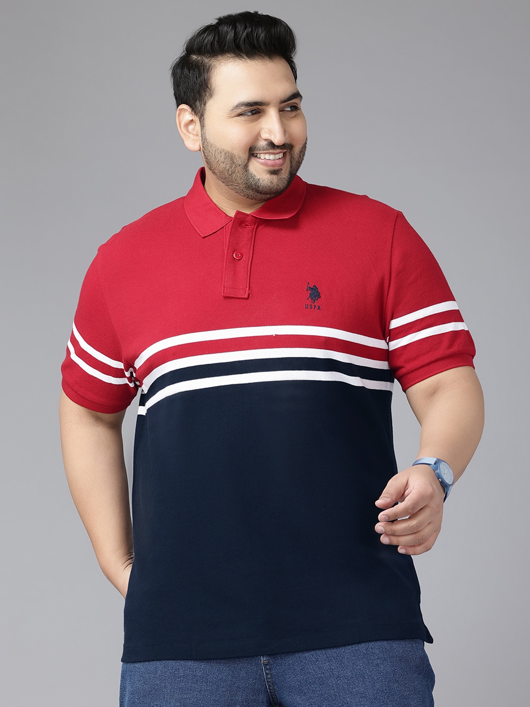 

U.S. Polo Assn. Plus Size Striped Polo Collar Pure Cotton T-shirt, Red