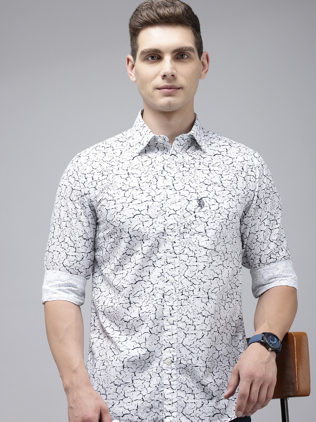 

U.S. Polo Assn. Tailored Fit Opaque Printed Pure Cotton Casual Shirt, White