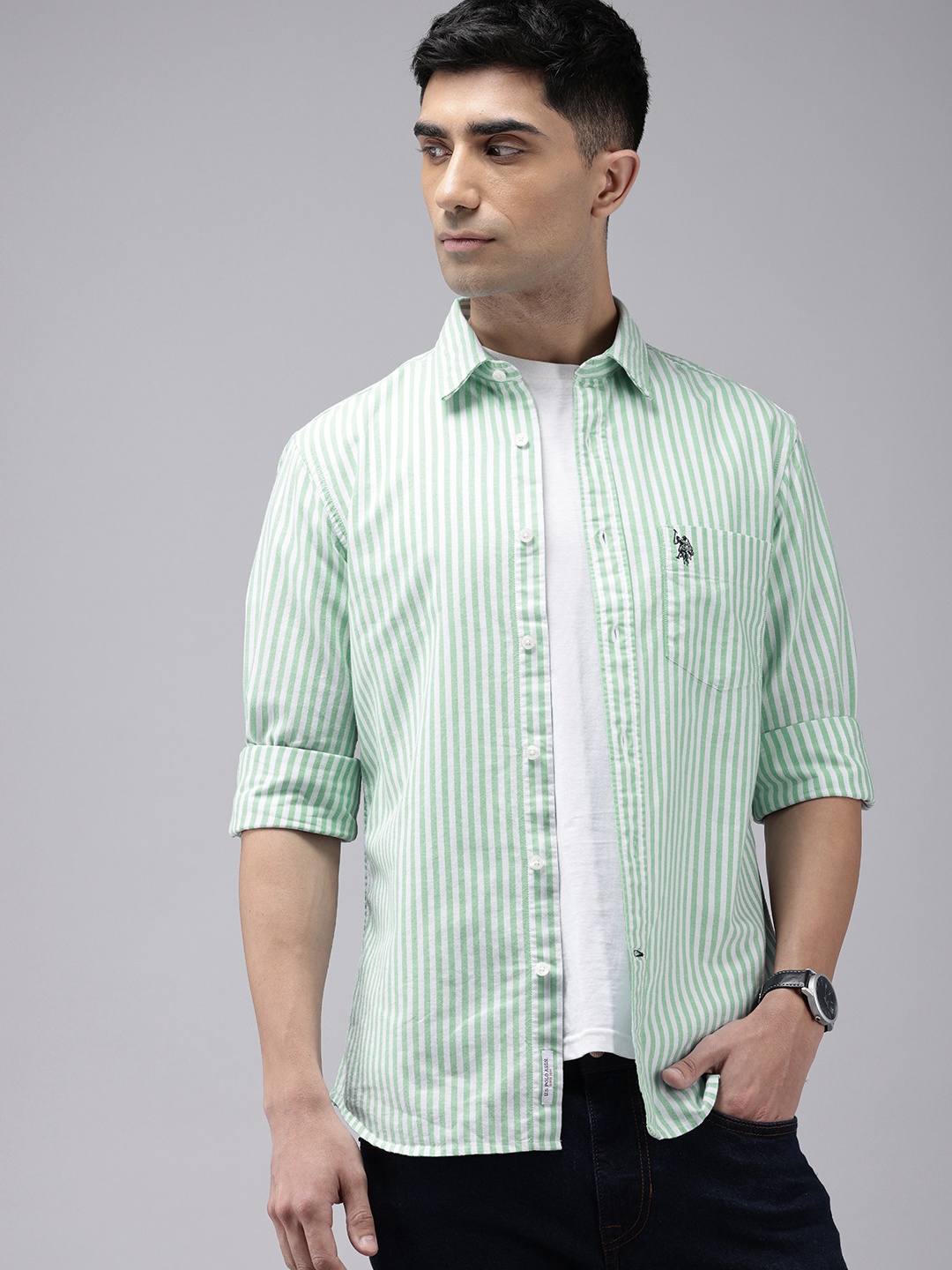 

U.S. Polo Assn. Tailored Fit Opaque Striped Pure Cotton Casual Shirt, Green