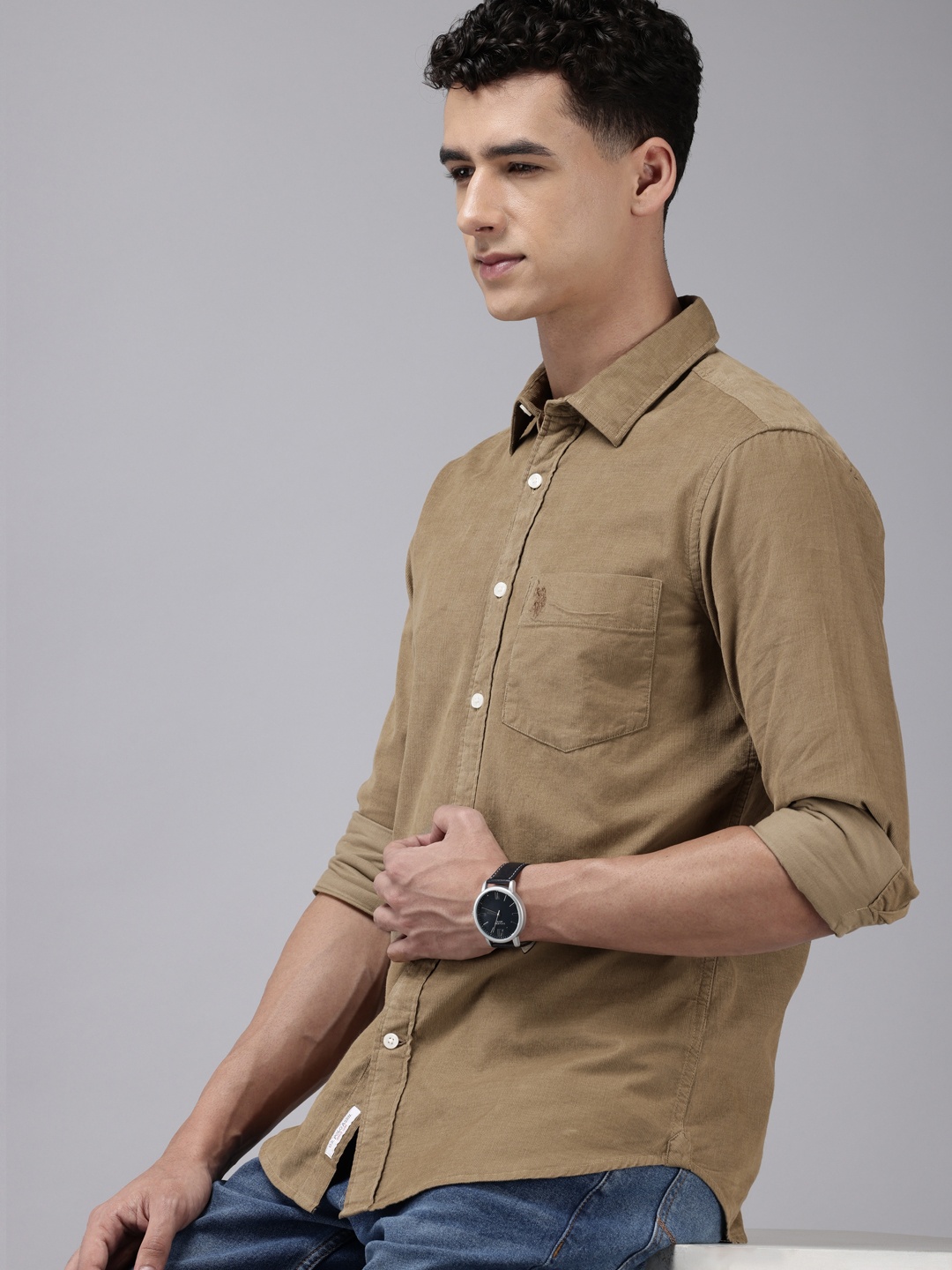 

U.S. Polo Assn. Tailored Fit Cutaway Collar Pure Cotton Corduroy Shirt, Khaki