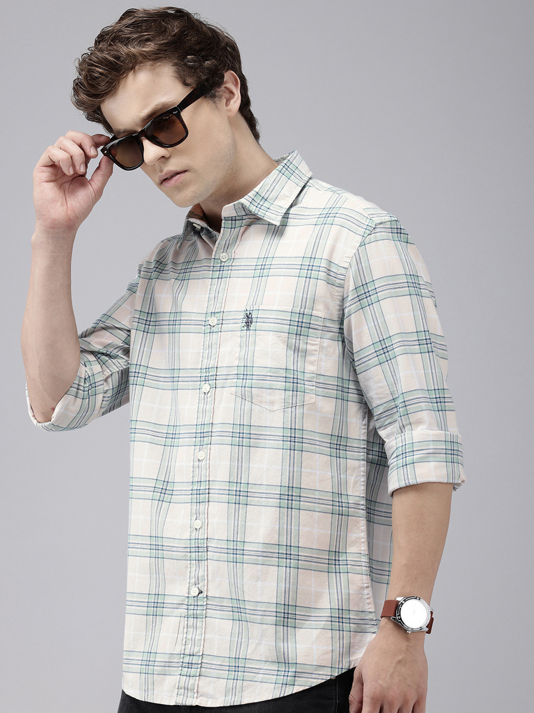 

U.S. Polo Assn. Tailored Fit Checked Pure Cotton Casual Shirt, Beige